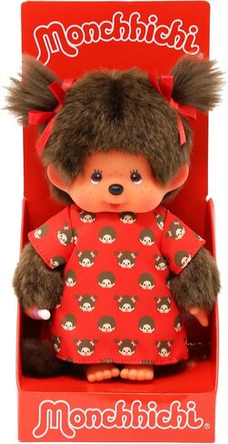 Sekiguchi 221295-Original Mädchen, Figurine Monchichi Dress and Bows, Brown Plush Animal Approximately 20 cm, 221295 in Saudi Arabia