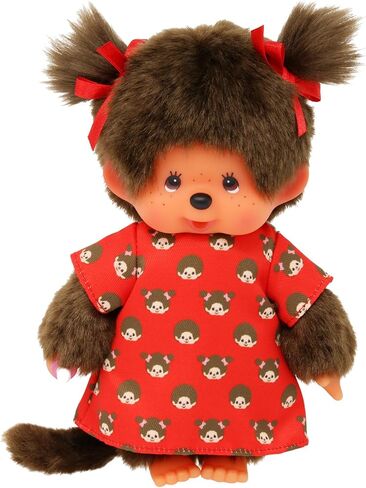 Sekiguchi 221295-Original Mädchen, Figurine Monchichi Dress and Bows, Brown Plush Animal Approximately 20 cm, 221295 in Saudi Arabia