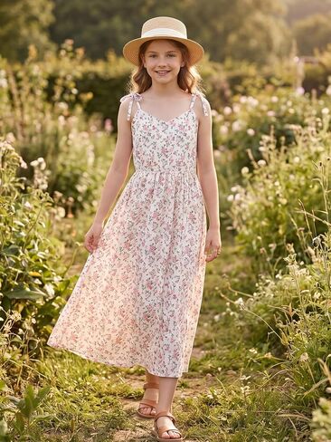 NEW 6-14 Years Girls Dress Floral Maxi Summer Sundress V-Neck Spaghetti Strap Beach Party Vacation Long Flowy Dress in Saudi Arabia