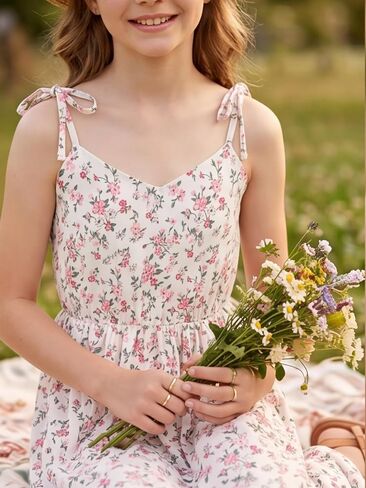 NEW 6-14 Years Girls Dress Floral Maxi Summer Sundress V-Neck Spaghetti Strap Beach Party Vacation Long Flowy Dress in Saudi Arabia
