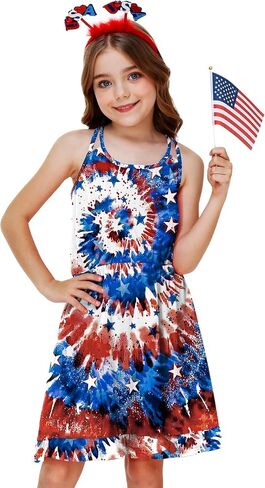 فستان Remimi Girls 4th July بدون أكمام متقاطع، فستان صيفي لطيف مكشكش، 5-14 سنة in Kuwait