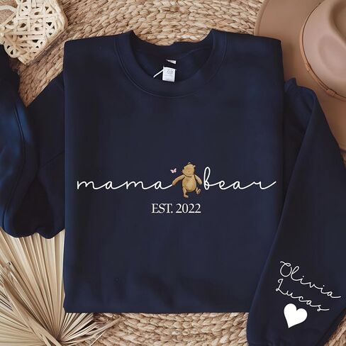 Personalized Mama Bear Sweatshirt with Kids Names on Sleeve, Custom EST Year Mom Crewneck, for Her in Kuwait