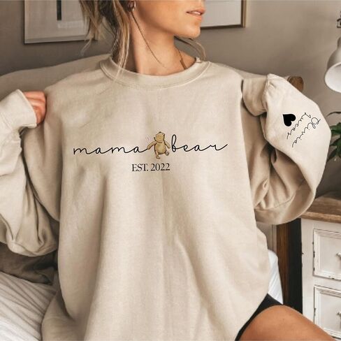 Personalized Mama Bear Sweatshirt with Kids Names on Sleeve, Custom EST Year Mom Crewneck, for Her in Kuwait