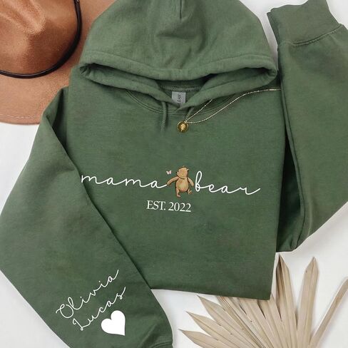 Personalized Mama Bear Sweatshirt with Kids Names on Sleeve, Custom EST Year Mom Crewneck, for Her in Kuwait