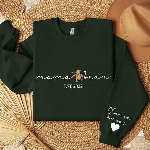 Personalized Mama Bear Sweatshirt with Kids Names on Sleeve, Custom EST Year Mom Crewneck, for Her in Kuwait
