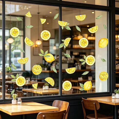4 أوراق لاصقة ثابتة لنوافذ الليمون الصيفية، 112 قطعة من ملصقات النوافذ البلاستيكية اللطيفة القابلة لإعادة الاستخدام بدون لاصق، ملصقات فواكه قابلة للإزالة للمطبخ، باب زجاجي، خزانة الثلاجة، ديكور المنزل in Kuwait