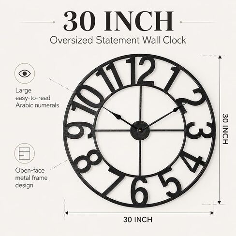 Large Wall Clock - 30 Inch Big Wall Clocks for Living Room Decor, Battery Operated Non-Ticking Oversized Modern Farmhouse Metal Frame Decorative Clock with Arabic Numerals Vintage Finish, Black in Saudi Arabia