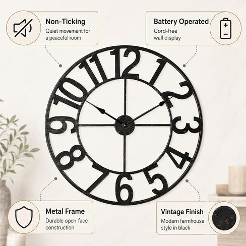 Large Wall Clock - 30 Inch Big Wall Clocks for Living Room Decor, Battery Operated Non-Ticking Oversized Modern Farmhouse Metal Frame Decorative Clock with Arabic Numerals Vintage Finish, Black in Saudi Arabia