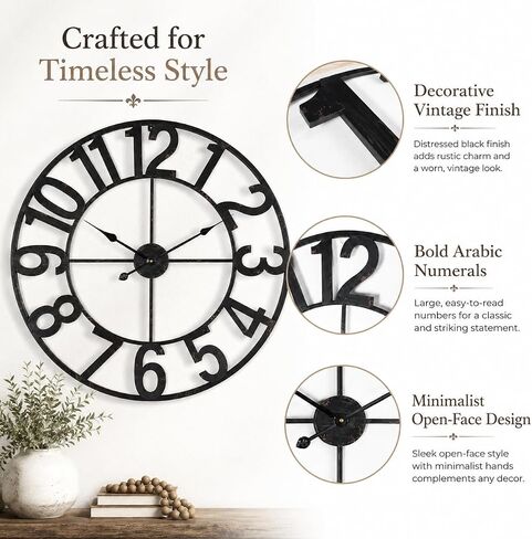 Large Wall Clock - 30 Inch Big Wall Clocks for Living Room Decor, Battery Operated Non-Ticking Oversized Modern Farmhouse Metal Frame Decorative Clock with Arabic Numerals Vintage Finish, Black in Saudi Arabia