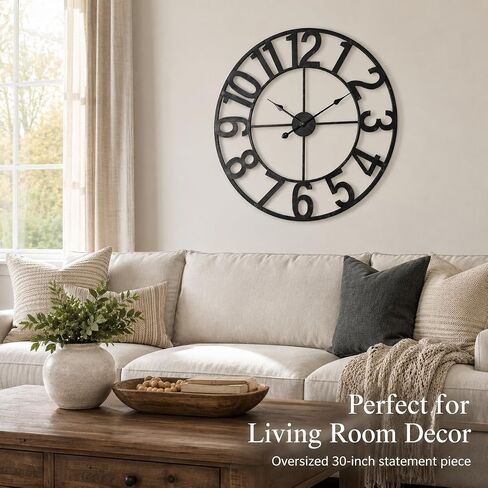 Large Wall Clock - 30 Inch Big Wall Clocks for Living Room Decor, Battery Operated Non-Ticking Oversized Modern Farmhouse Metal Frame Decorative Clock with Arabic Numerals Vintage Finish, Black in Saudi Arabia