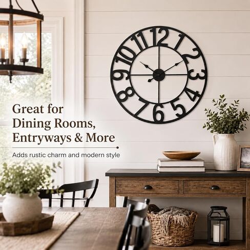 Large Wall Clock - 30 Inch Big Wall Clocks for Living Room Decor, Battery Operated Non-Ticking Oversized Modern Farmhouse Metal Frame Decorative Clock with Arabic Numerals Vintage Finish, Black in Saudi Arabia