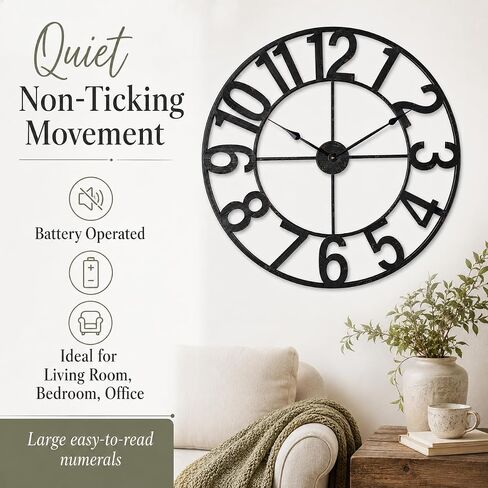 Large Wall Clock - 30 Inch Big Wall Clocks for Living Room Decor, Battery Operated Non-Ticking Oversized Modern Farmhouse Metal Frame Decorative Clock with Arabic Numerals Vintage Finish, Black in Saudi Arabia