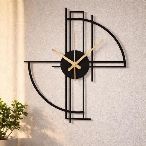 Modern Geometric Metal Wall Clock, Minimalist Black Steel Design, Silent Non-Ticking Mechanism, Unique Contemporary Home Decor, Large Decorative Wall Art for Living Room, Office or Bedroom in Saudi Arabia