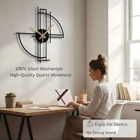 Modern Geometric Metal Wall Clock, Minimalist Black Steel Design, Silent Non-Ticking Mechanism, Unique Contemporary Home Decor, Large Decorative Wall Art for Living Room, Office or Bedroom in Saudi Arabia