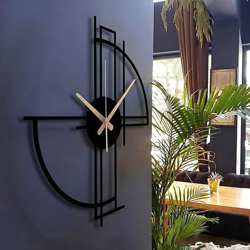 Modern Geometric Metal Wall Clock, Minimalist Black Steel Design, Silent Non-Ticking Mechanism, Unique Contemporary Home Decor, Large Decorative Wall Art for Living Room, Office or Bedroom in Saudi Arabia