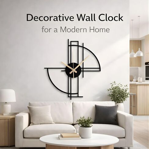 Modern Geometric Metal Wall Clock, Minimalist Black Steel Design, Silent Non-Ticking Mechanism, Unique Contemporary Home Decor, Large Decorative Wall Art for Living Room, Office or Bedroom in Saudi Arabia