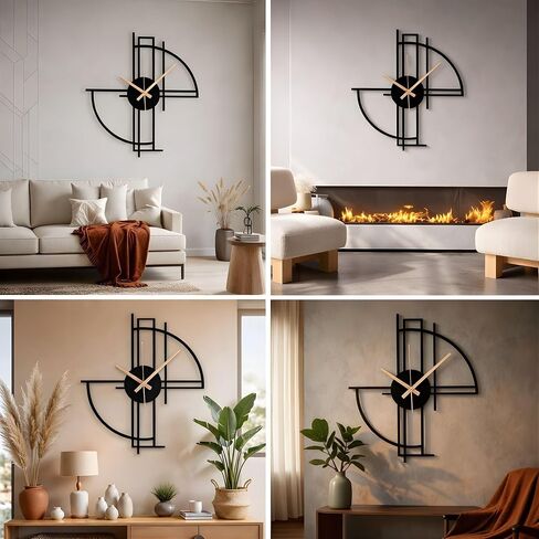 Modern Geometric Metal Wall Clock, Minimalist Black Steel Design, Silent Non-Ticking Mechanism, Unique Contemporary Home Decor, Large Decorative Wall Art for Living Room, Office or Bedroom in Saudi Arabia