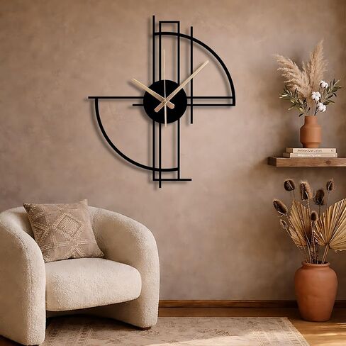 Modern Geometric Metal Wall Clock, Minimalist Black Steel Design, Silent Non-Ticking Mechanism, Unique Contemporary Home Decor, Large Decorative Wall Art for Living Room, Office or Bedroom in Saudi Arabia