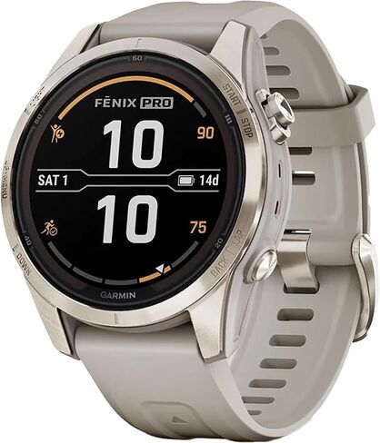 Garmin Fenix ​​7S Pro Solar، ياقوتي، فولاذ ذهبي ناعم، حزمة رمل خفيفة مع حزمة حماية معززة لمدة عامين (متجددة) in Kuwait