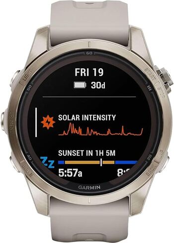 Garmin Fenix ​​7S Pro Solar، ياقوتي، فولاذ ذهبي ناعم، حزمة رمل خفيفة مع حزمة حماية معززة لمدة عامين (متجددة) in Kuwait