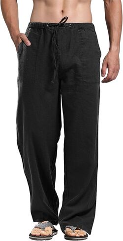 perdontoo Mens Casual Cotton Linen Pants Elastic Waist Drawstring Straight Summer Beach Pants (Medium, Black) in Saudi Arabia