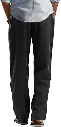 perdontoo Mens Casual Cotton Linen Pants Elastic Waist Drawstring Straight Summer Beach Pants (Medium, Black) in Saudi Arabia
