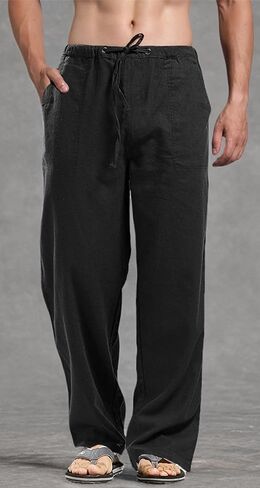 perdontoo Mens Casual Cotton Linen Pants Elastic Waist Drawstring Straight Summer Beach Pants (Medium, Black) in Saudi Arabia