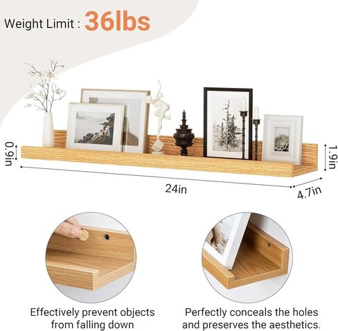 Floating Shelves for Wall, 24 inch Wood Floating Shelves Set of 2, Picture Ledge Shelf for Books Photo Frames, Wall Mounted Shelves for Bathroom Bedroom Living Room Kitchen, Oak in Kuwait