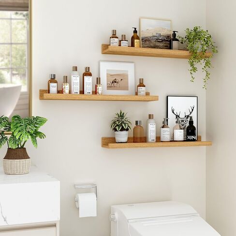 Floating Shelves for Wall, 24 inch Wood Floating Shelves Set of 2, Picture Ledge Shelf for Books Photo Frames, Wall Mounted Shelves for Bathroom Bedroom Living Room Kitchen, Oak in Kuwait