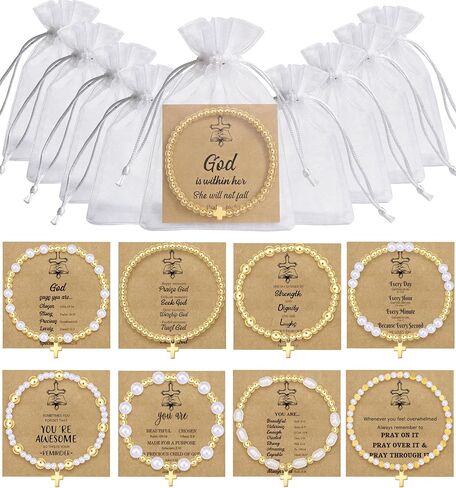 BOMAIL 9Pcs 14K Gold Plated Cross Bracelet for Women | Gold Bead Imitation Pearl Bead,Round Ball,Cross Charm,Christian Christian Confirmation Easter Gift in Saudi Arabia