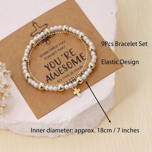 BOMAIL 9Pcs 14K Gold Plated Cross Bracelet for Women | Gold Bead Imitation Pearl Bead,Round Ball,Cross Charm,Christian Christian Confirmation Easter Gift in Saudi Arabia