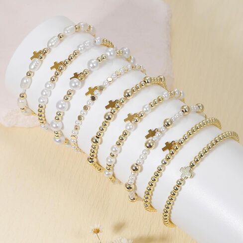 BOMAIL 9Pcs 14K Gold Plated Cross Bracelet for Women | Gold Bead Imitation Pearl Bead,Round Ball,Cross Charm,Christian Christian Confirmation Easter Gift in Saudi Arabia