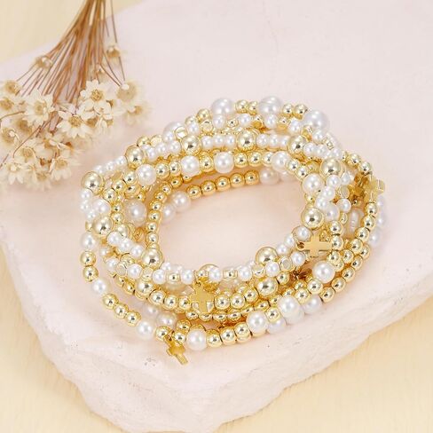 BOMAIL 9Pcs 14K Gold Plated Cross Bracelet for Women | Gold Bead Imitation Pearl Bead,Round Ball,Cross Charm,Christian Christian Confirmation Easter Gift in Saudi Arabia