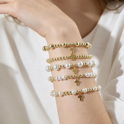 BOMAIL 9Pcs 14K Gold Plated Cross Bracelet for Women | Gold Bead Imitation Pearl Bead,Round Ball,Cross Charm,Christian Christian Confirmation Easter Gift in Saudi Arabia