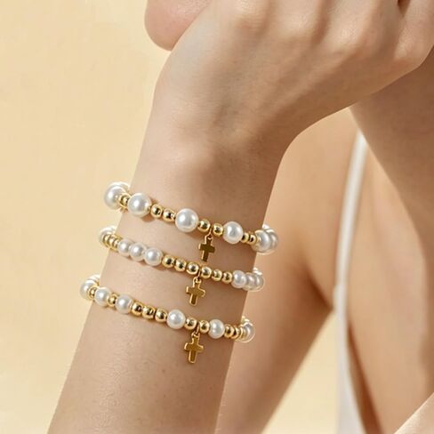 BOMAIL 9Pcs 14K Gold Plated Cross Bracelet for Women | Gold Bead Imitation Pearl Bead,Round Ball,Cross Charm,Christian Christian Confirmation Easter Gift in Saudi Arabia