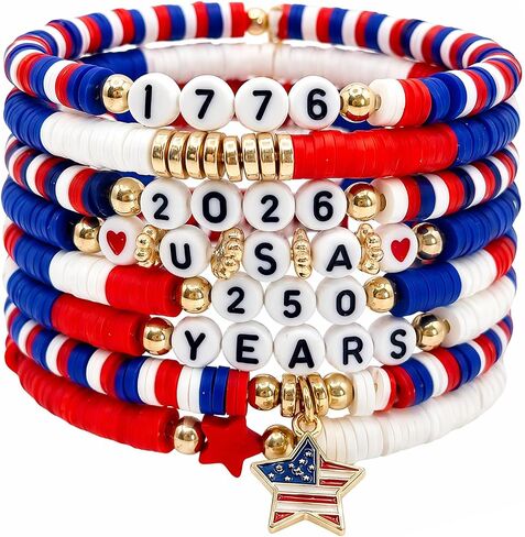 250 Anniversary USA Merchandise 4th of July Outfits for Women Men 250th USA Patriotic Bracelets Set Red White Blue Beaded Stretch Bracelets in Kuwait