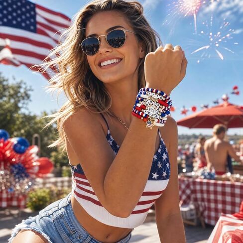 250 Anniversary USA Merchandise 4th of July Outfits for Women Men 250th USA Patriotic Bracelets Set Red White Blue Beaded Stretch Bracelets in Kuwait