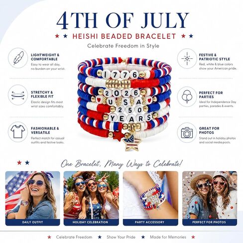 250 Anniversary USA Merchandise 4th of July Outfits for Women Men 250th USA Patriotic Bracelets Set Red White Blue Beaded Stretch Bracelets in Kuwait