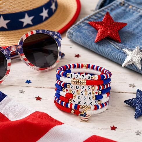 250 Anniversary USA Merchandise 4th of July Outfits for Women Men 250th USA Patriotic Bracelets Set Red White Blue Beaded Stretch Bracelets in Kuwait