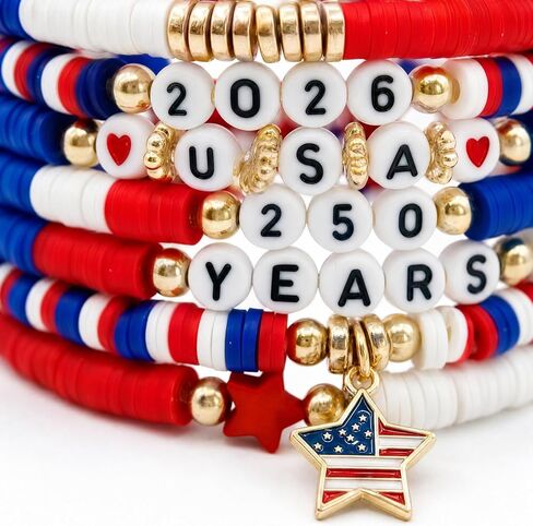 250 Anniversary USA Merchandise 4th of July Outfits for Women Men 250th USA Patriotic Bracelets Set Red White Blue Beaded Stretch Bracelets in Kuwait