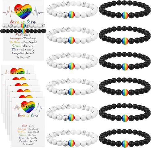 12 Pcs LGBT Rainbow Gay Pride Bracelet Natural Stone Beads Relationship Couple Bracelets Lesbian Matching Bracelets Handmade Rainbow Bead Bracelets with Love Cards for Couple Gay Lesbian in Saudi Arabia