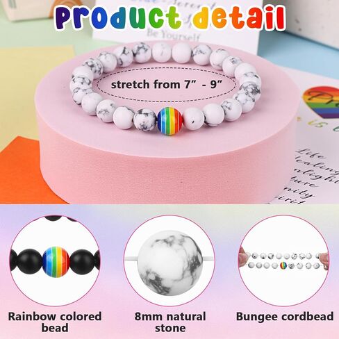 12 Pcs LGBT Rainbow Gay Pride Bracelet Natural Stone Beads Relationship Couple Bracelets Lesbian Matching Bracelets Handmade Rainbow Bead Bracelets with Love Cards for Couple Gay Lesbian in Saudi Arabia