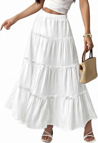 ELLEVEN Women’s Boho Maxi Skirt, Flowy Elastic High Waisted Long Skirts A-Line Summer Vacation Outfits in Kuwait