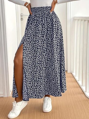 Women's High Waist Maxi Skirt Ditsy Floral Print Smocked Waist Side Split Flowy A Line Boho Summer Beach Skirts in Kuwait