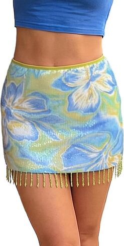 Women Y2k Fringe Sequin Mini Skirt Vintage Low Rise Tassel Sparkly Beaded Floral Bodycon Pencil Micro Skirt in Kuwait