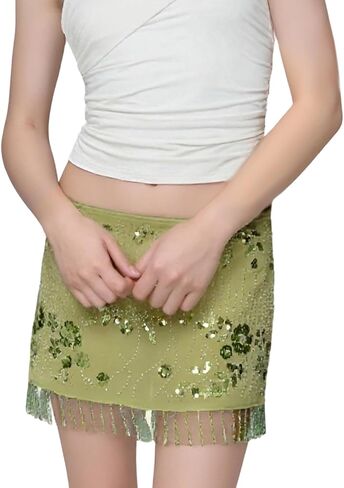 Women Y2k Fringe Sequin Mini Skirt Vintage Low Rise Tassel Sparkly Beaded Floral Bodycon Pencil Micro Skirt in Kuwait