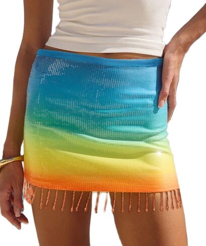 Women Y2k Fringe Sequin Mini Skirt Vintage Low Rise Tassel Sparkly Beaded Floral Bodycon Pencil Micro Skirt in Kuwait