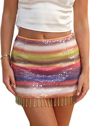 Women Y2k Fringe Sequin Mini Skirt Vintage Low Rise Tassel Sparkly Beaded Floral Bodycon Pencil Micro Skirt in Kuwait