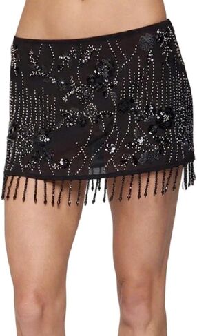 Women Y2k Fringe Sequin Mini Skirt Vintage Low Rise Tassel Sparkly Beaded Floral Bodycon Pencil Micro Skirt in Kuwait