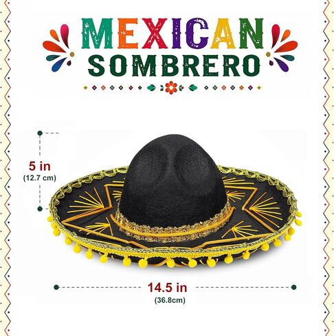 GiftExpress Black Mariachi Sombrero Hat with Gold Trim, Sombrero for Cinco de Mayo, Halloween Costume, Mexican Fiesta Costume in Kuwait